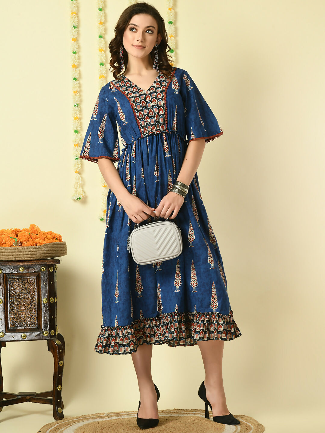 Myshka Women's Blue Printed Cotton Party Dress | Grocsy