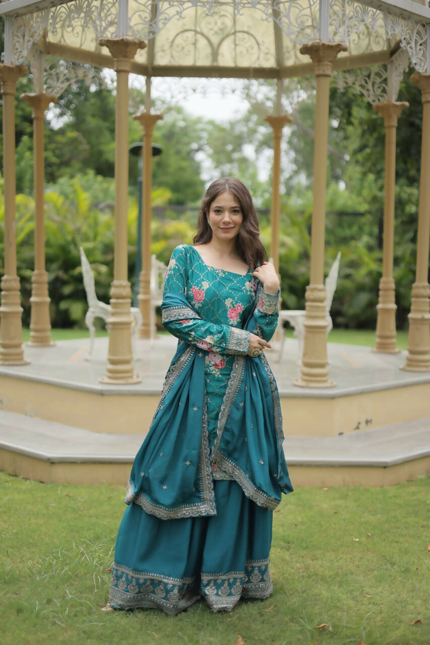 Vastranavya Premium Designer Printed With Sequins & Thread Embroidered work Kurti Palazzo & Dupatta - Firozi | Grocsy