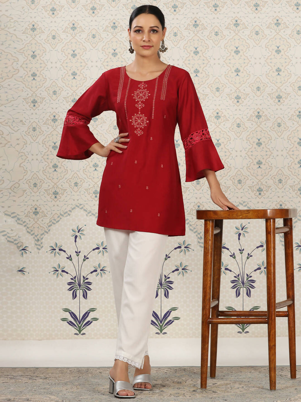 Red Chinon Embroidered Straight Top - Zeny | Grocsy