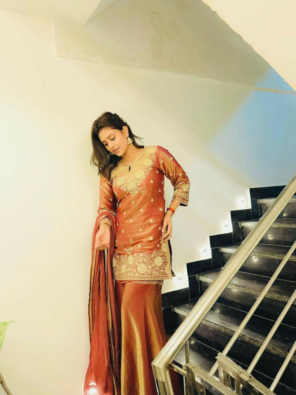 Teeya Creation Goldern Fendy Silk Embroidery Work Designer Wedding Wear Palazzo Suit | Grocsy