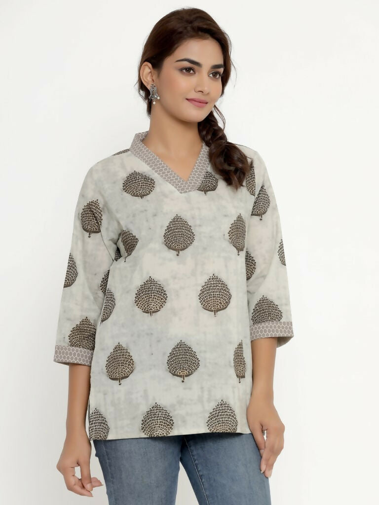 Miravan Women's Brown Floral Printed Pure Cotton Tunic | Grocsy