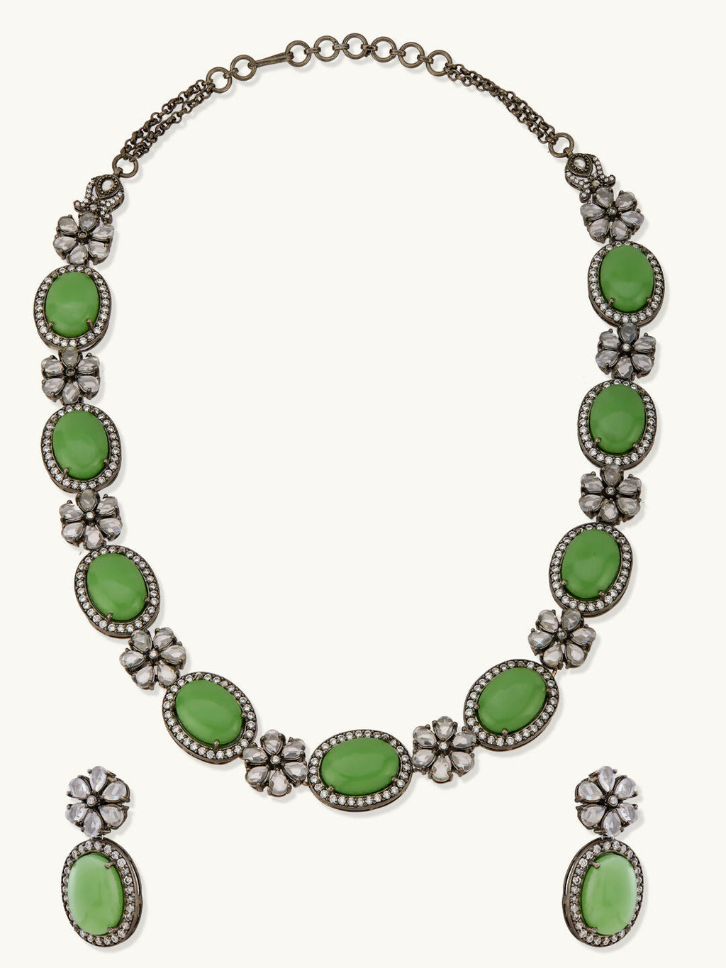 Nuyug Antique Silver Plated Crystal Studded Faux Jade Stones Embellished Necklace Set | Grocsy