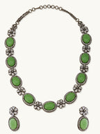 Nuyug Antique Silver Plated Crystal Studded Faux Jade Stones Embellished Necklace Set | Grocsy