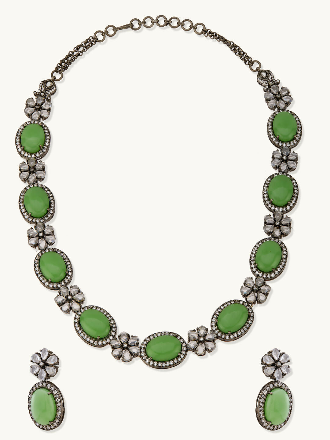 Nuyug Antique Silver Plated Crystal Studded Faux Jade Stones Embellished Necklace Set | Grocsy