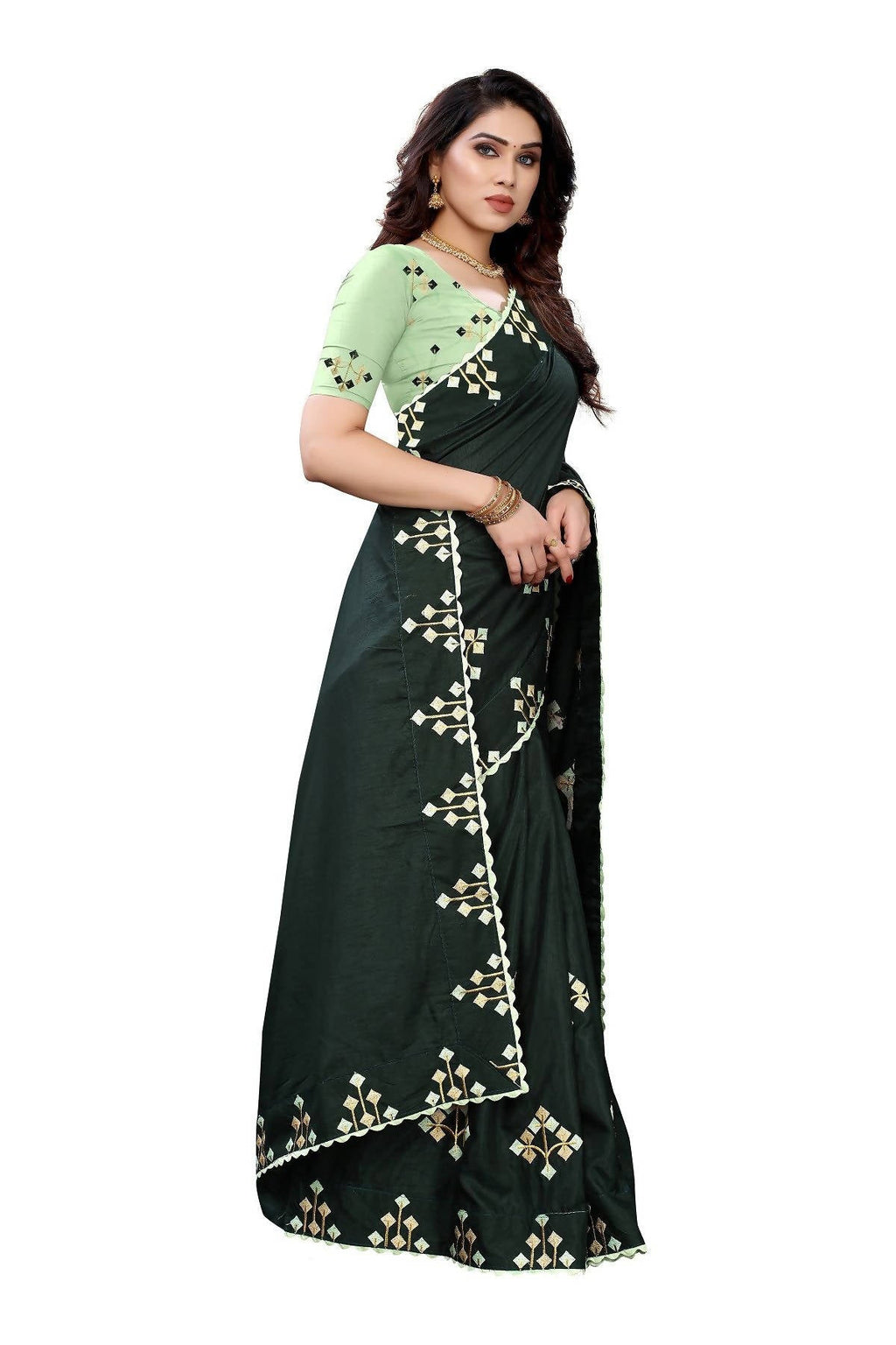 Vamika Green Dola Silk Embroidery Saree (JENY GREEN) | Grocsy