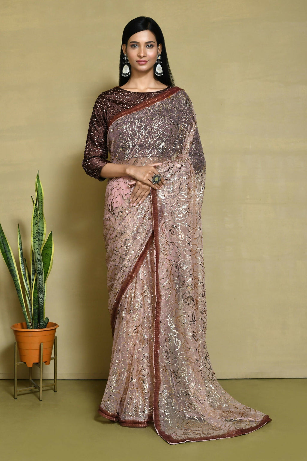 Brown Net Sequence Embroidered Festive Saree - Nimaya Denzy | Grocsy