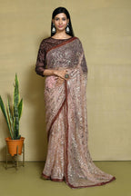 Brown Net Sequence Embroidered Festive Saree - Nimaya Denzy | Grocsy