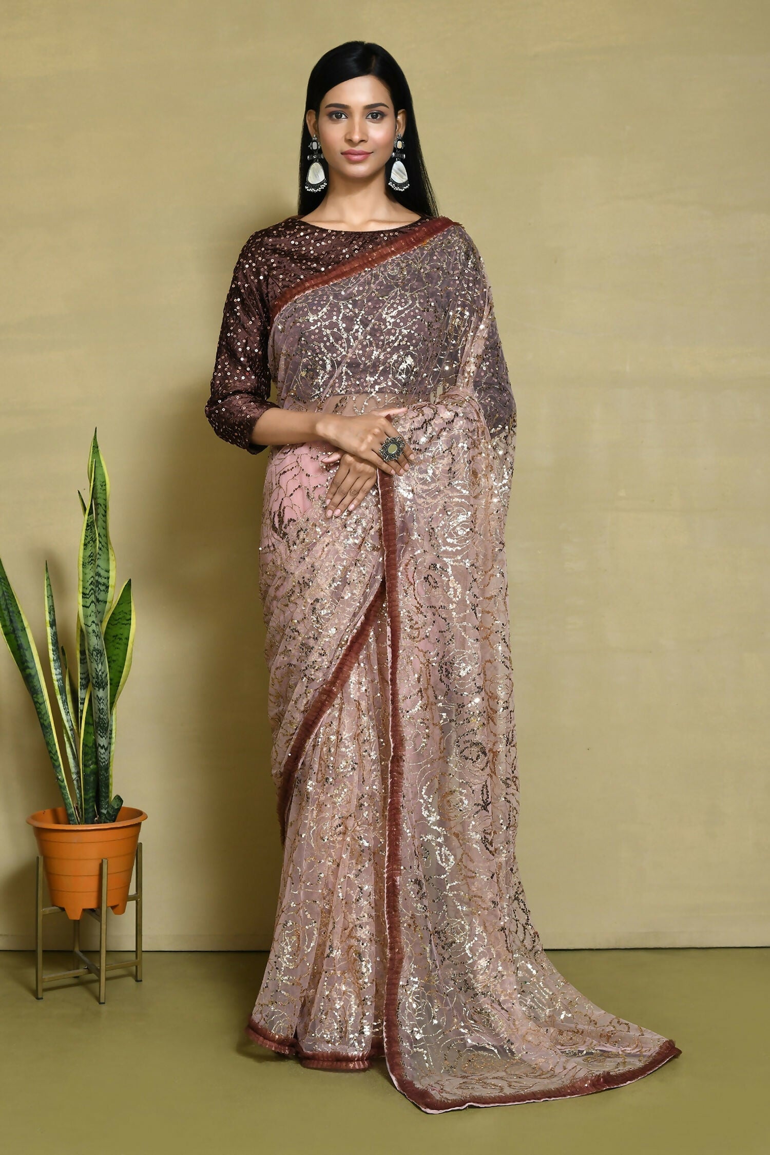 Brown Net Sequence Embroidered Festive Saree - Nimaya Denzy | Grocsy