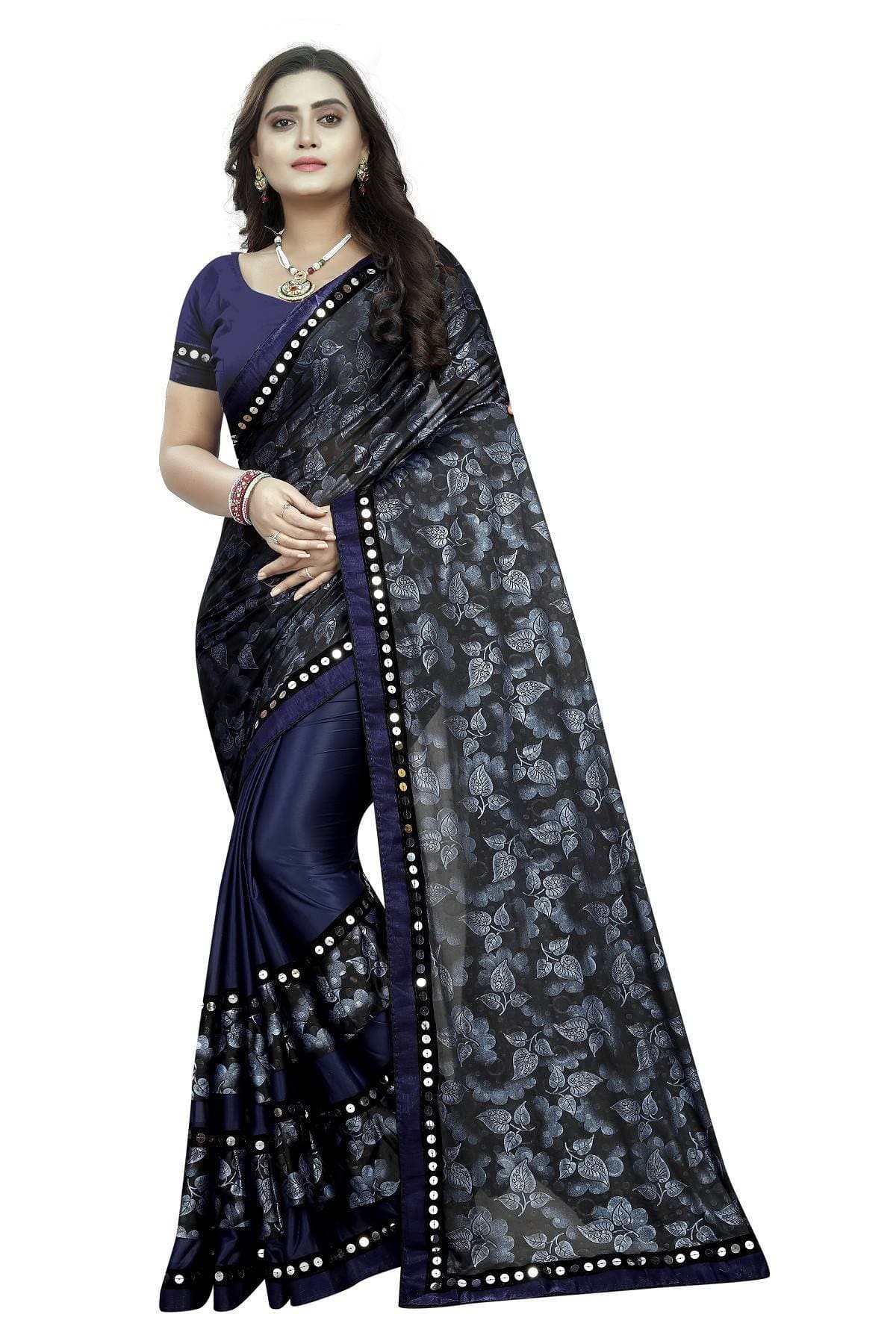 Vamika Navy Lycra Blend Printed Saree | Grocsy