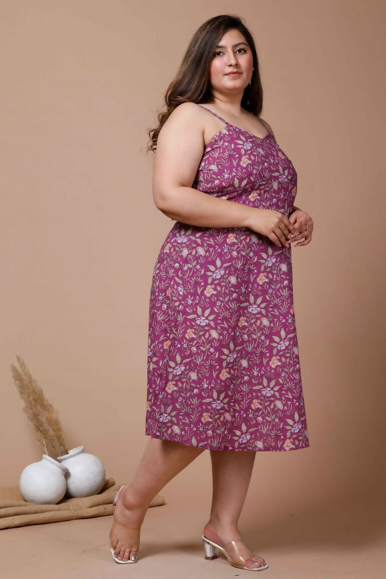 Miravan Women's Plus Size Purple Floral Printed Shoulder Strap Midi Dress | Grocsy