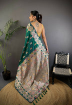 Joban Fashion Meenakari Teal Green Woven Soft Silk Saree | Grocsy