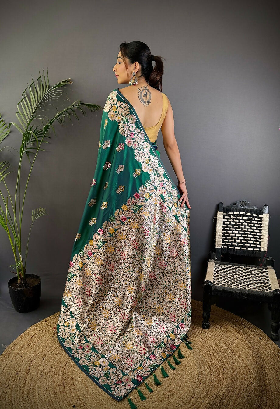 Joban Fashion Meenakari Teal Green Woven Soft Silk Saree | Grocsy