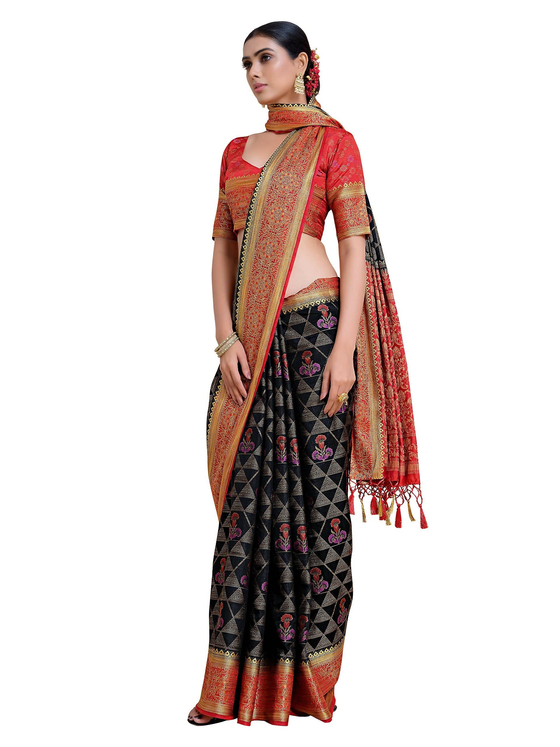 Mimosa Women's Kanjivaram Art Silk Black Saree | Grocsy