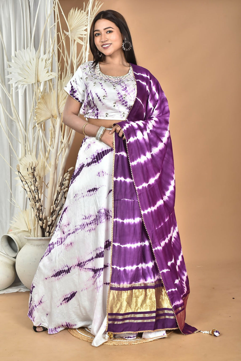 Morchari Women Tai Dai And Hand Embroidery Lehenga-Purple | Grocsy