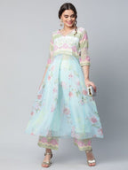 Ahalyaa Women Sea Green Organza Romantic Florals Kurta Palazzo Set | Grocsy