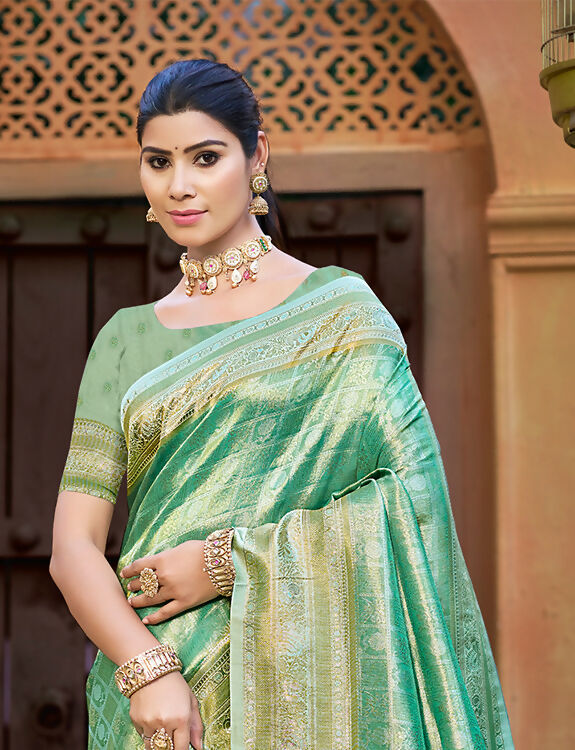 Sangam Prints Green Kanjivaram Silk Woven Work Traditional Saree | Grocsy