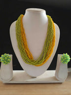Inhanns Vibrant Handmade 20 Layers Beaded Necklace With Matching Earrings - Yellow & Green | Grocsy