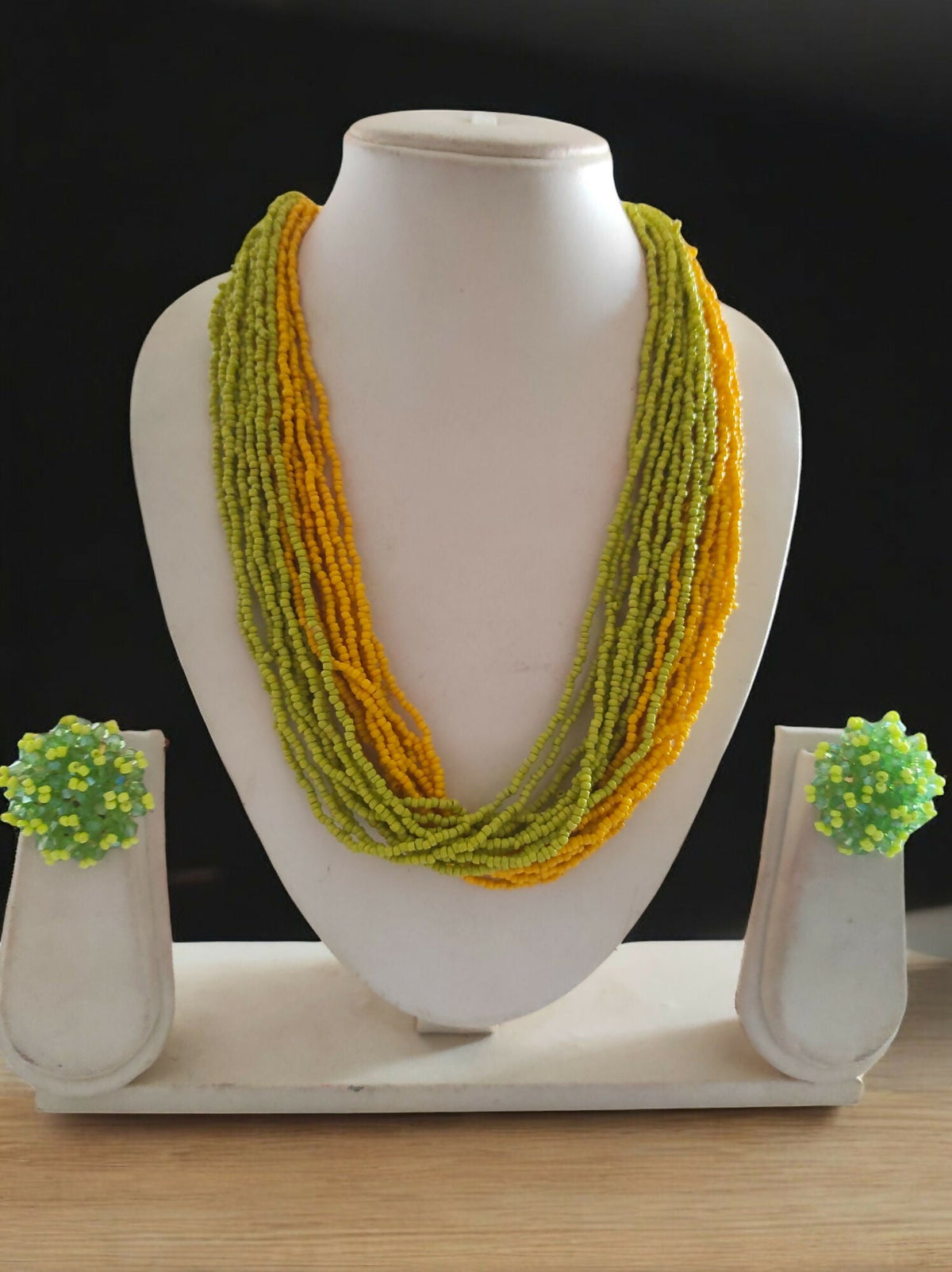 Inhanns Vibrant Handmade 20 Layers Beaded Necklace With Matching Earrings - Yellow & Green | Grocsy