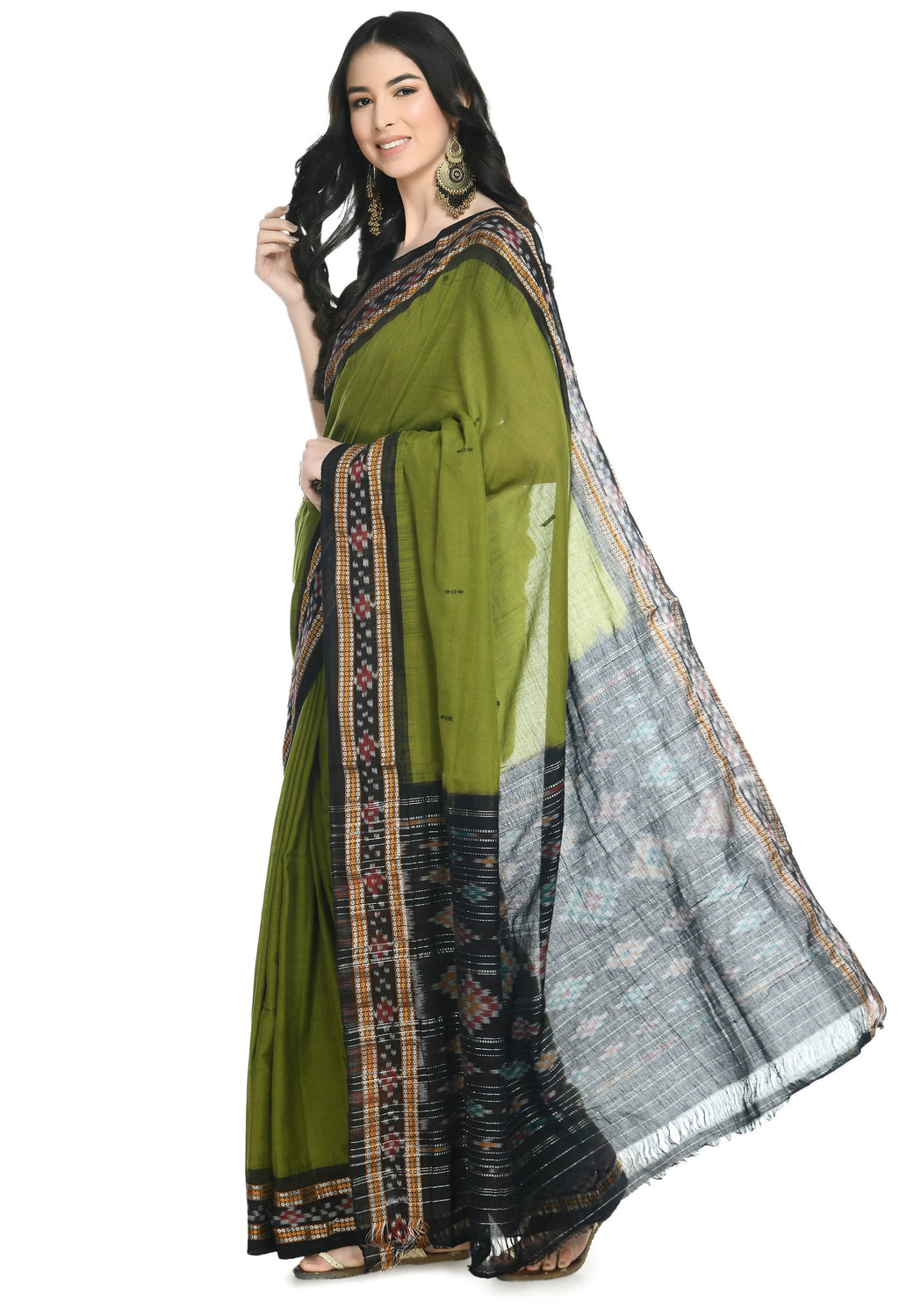Vamika Sambalpuri Ikat Cotton Rekhabala Buti Green & Black Saree | Grocsy