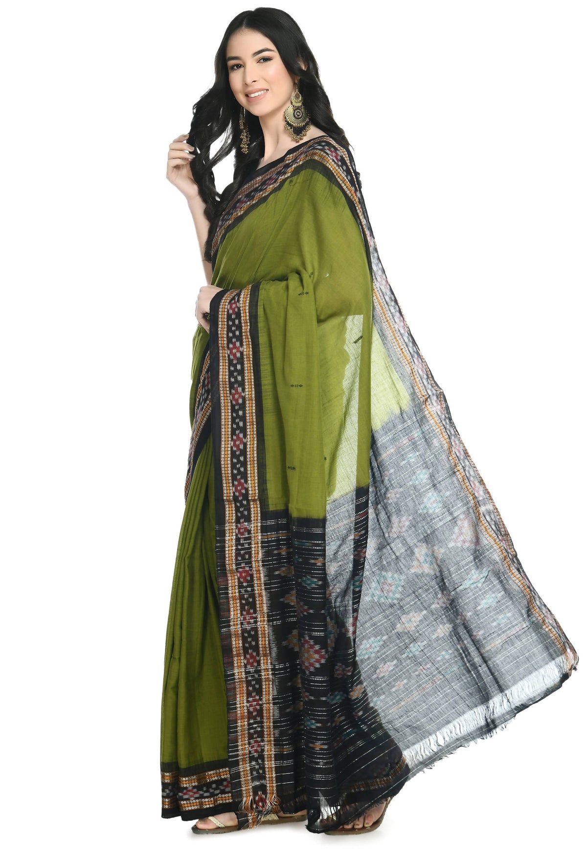 Vamika Sambalpuri Ikat Cotton Rekhabala Buti Green & Black Saree | Grocsy