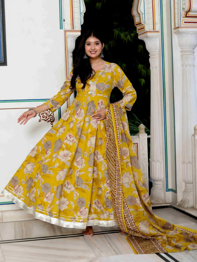 Miravan Women's Cotton Gotapatti And Lace Border Yellow Anarkali Kurta And Dupatta Set | Grocsy