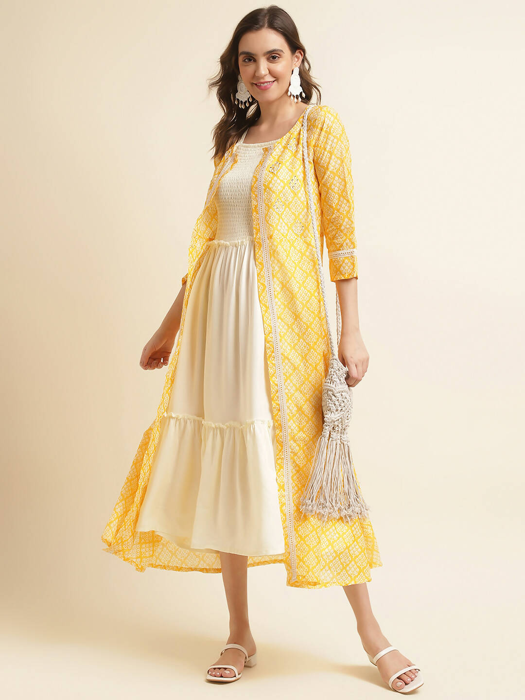 White Cotton Solid Flared Dress with Printed Shrug - Yukti | Grocsy