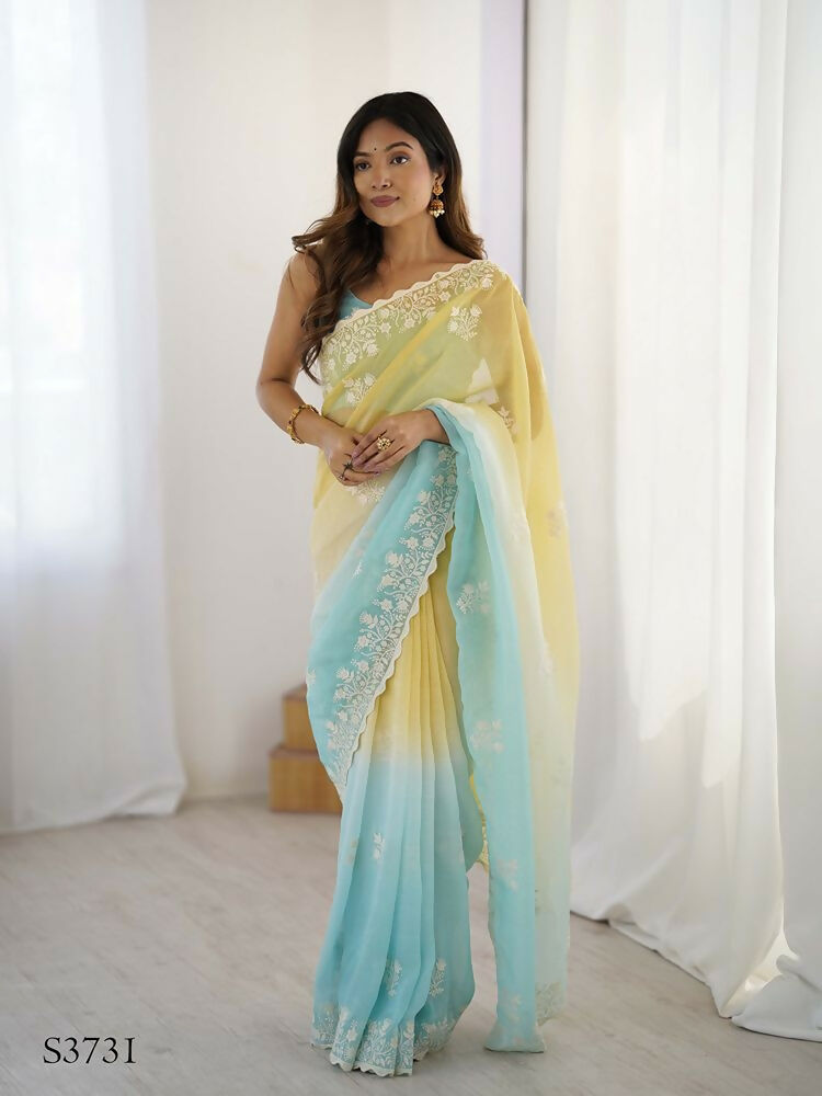 Yellow Crunchy Silk Embroidery Work Party Wear Saree - Lakshita | Grocsy