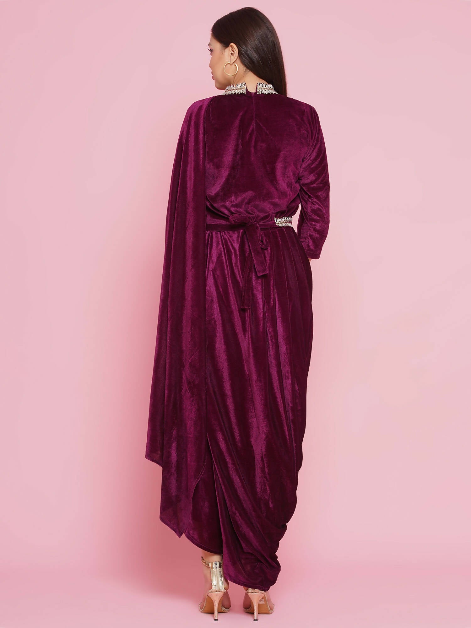Women Republic Burgundy Velvet Kurta With Attached Neckalace,Belt And Pant | Grocsy