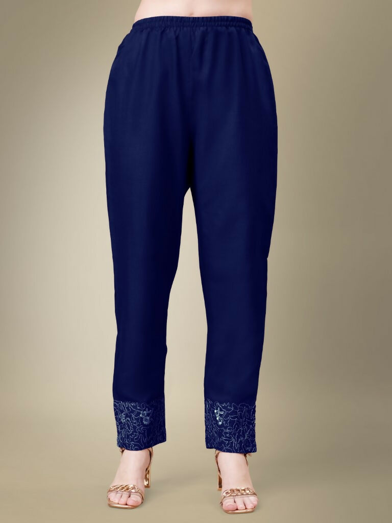 Jyoti Fashion Women's Navy Blue Cotton Blend Embroidery & Fancy Lace work Kurta with Trouser & Dupatta | Grocsy