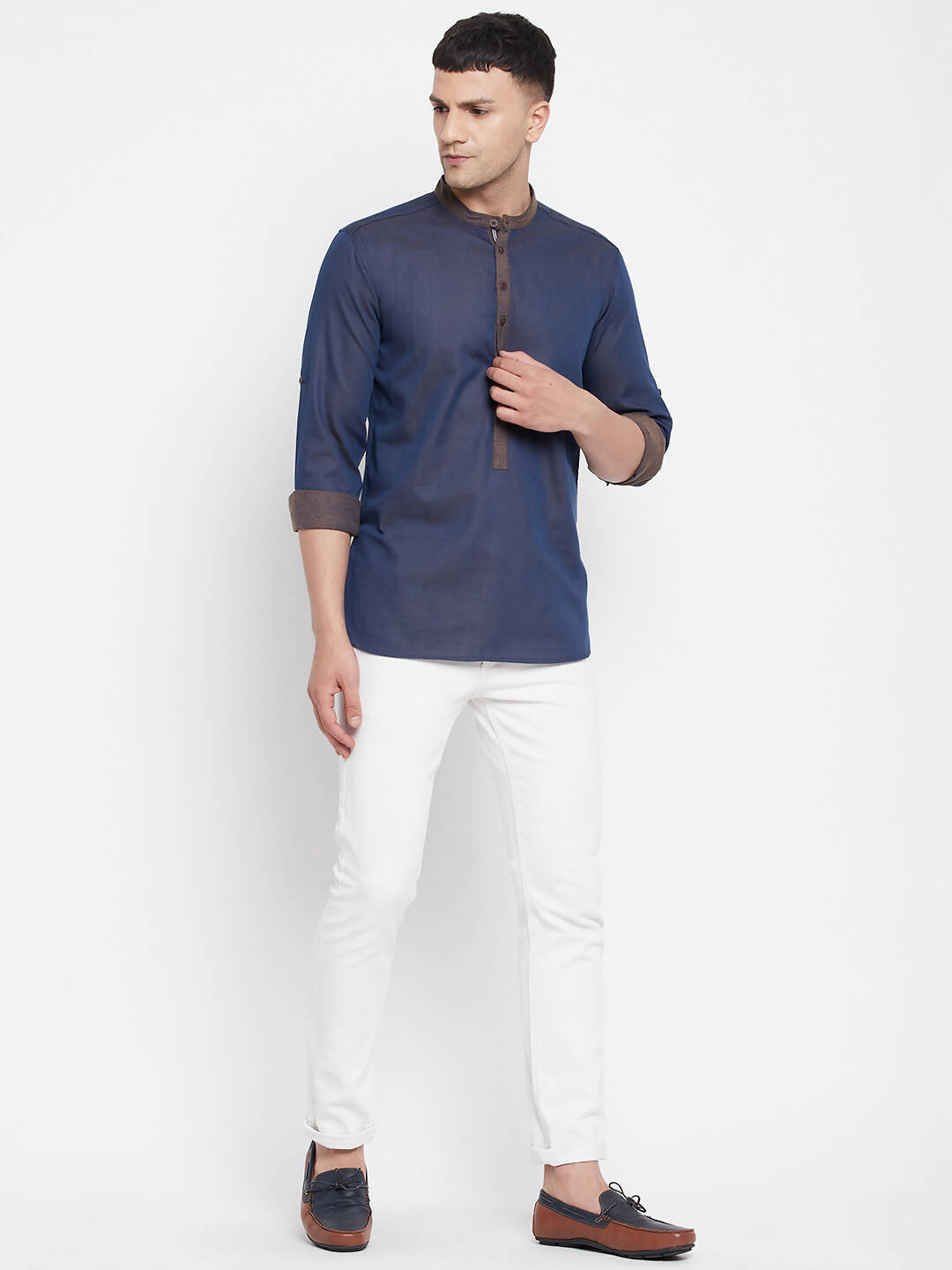 Even Apparels Pure Cotton Blue Men's Kurta With Band Collar | Grocsy