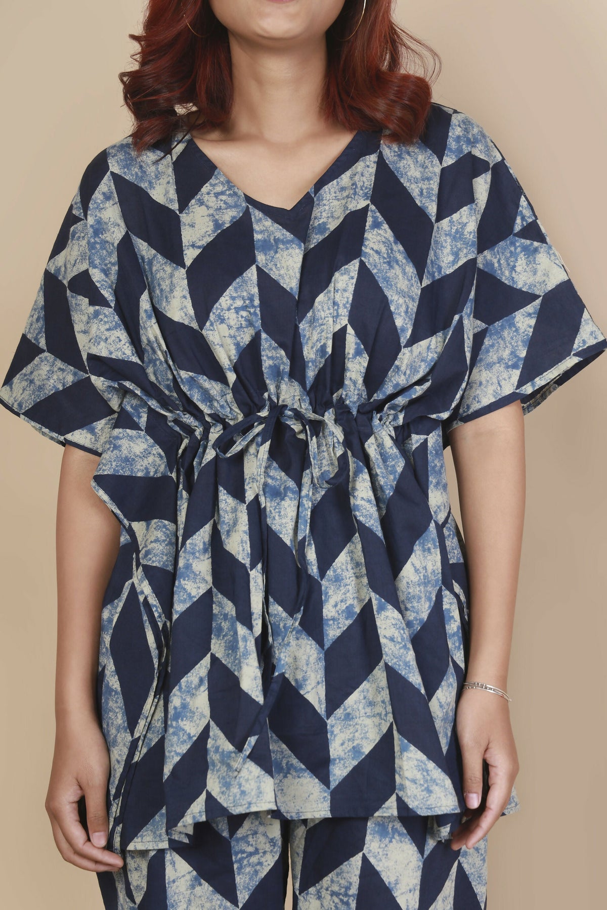 Breathables Women’S Loungewear Kaftan Cotton Blue Geometric Print Co-Ord Set | Grocsy