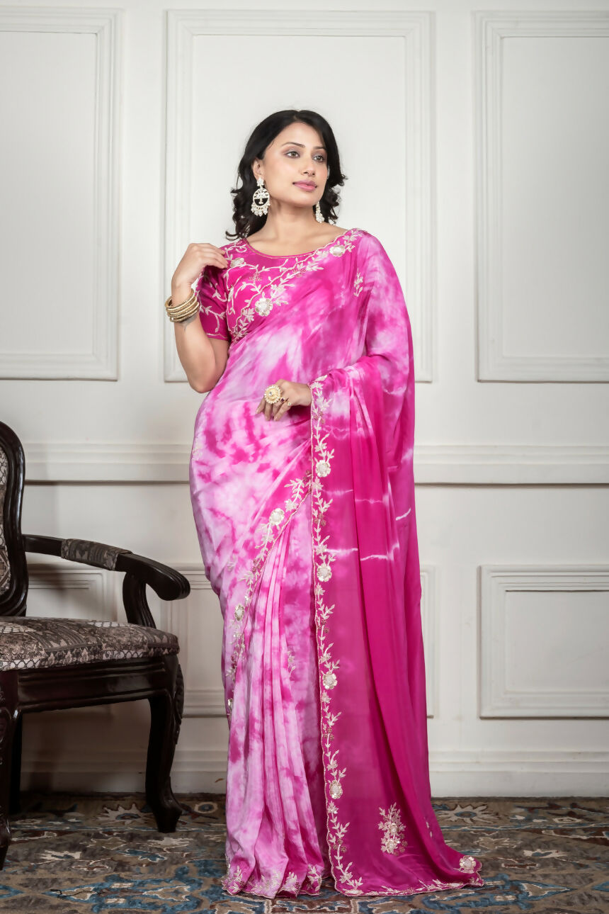 Morchari Pink Crepe Hand Embroidery Saree And Stitched Blouse | Grocsy