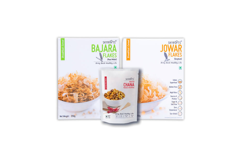 Skyroots Bajara Flakes + Jowar Flakes + Roasted Masala Chana Combo Pack | Grocsy