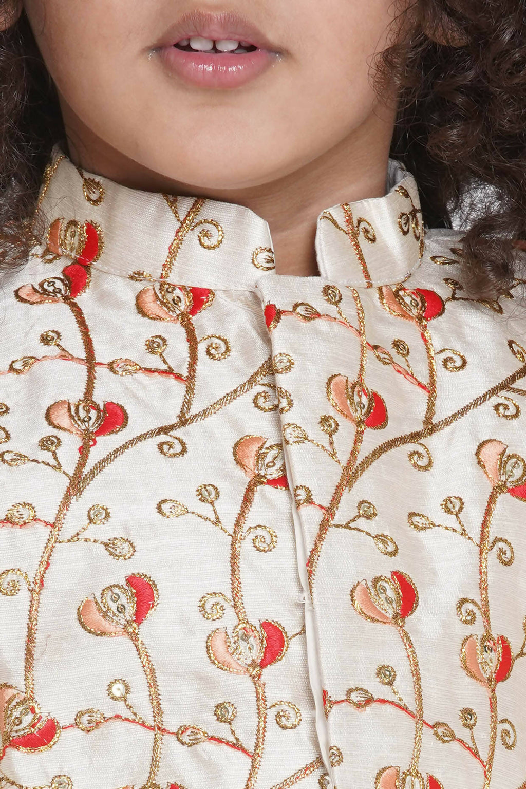 Little Bansi Banarsi Red Tulip Embroidery Jacket with Cotton Kantha kurta and Kantha Pyjama - Cream | Grocsy