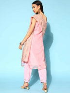 Ahalyaa Women Pastel Pink Colour Organza Glitter Printed Kurta Pant Set With Dupatta | Grocsy