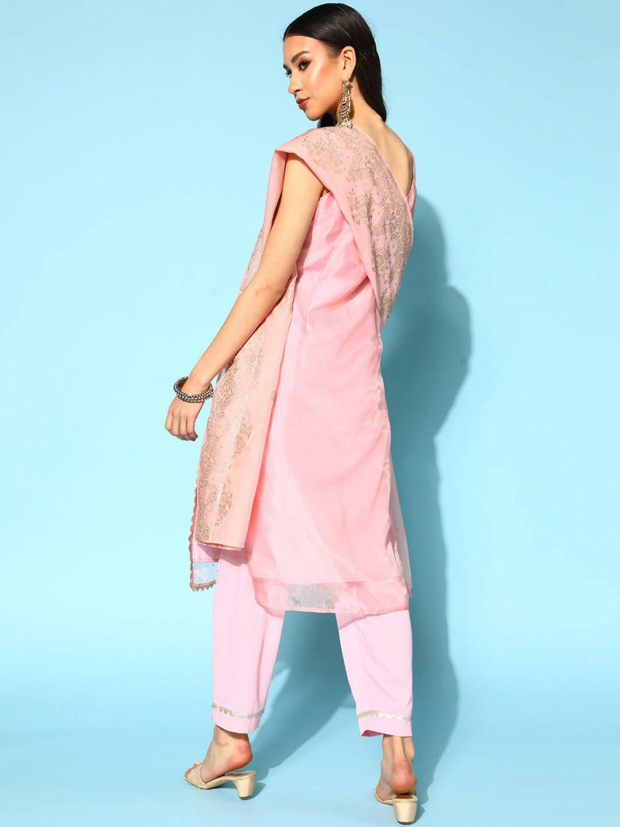 Ahalyaa Women Pastel Pink Colour Organza Glitter Printed Kurta Pant Set With Dupatta | Grocsy