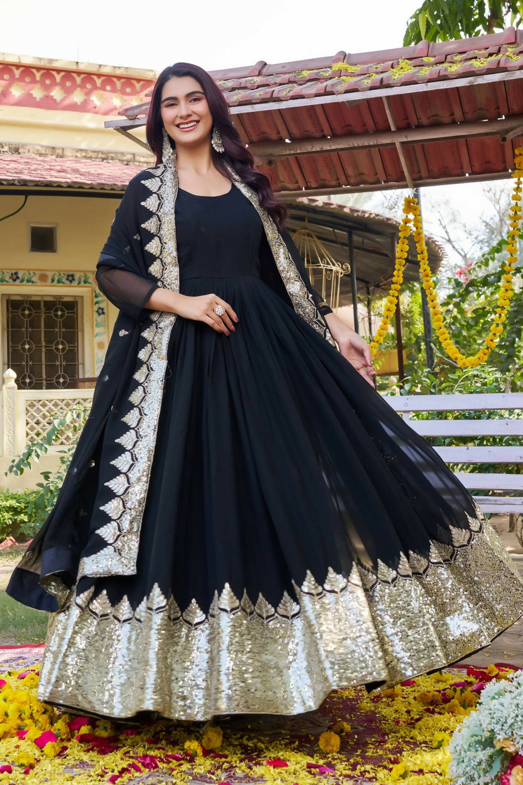 Teeya Creation Womens New Stylish Heavy Sequence Embroidery Work Black Gown Set | Grocsy