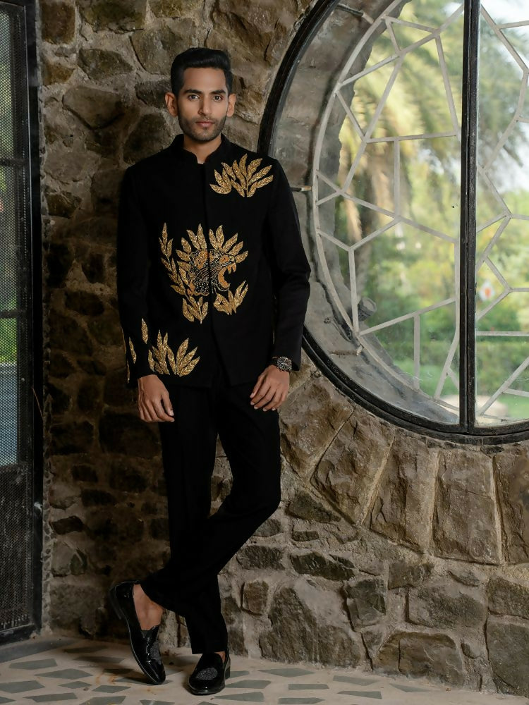 Black Bandhgala With Embroidery-Leaves by Hilo Design | Grocsy