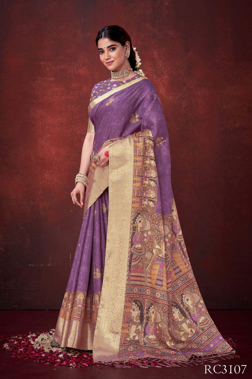 Purple Poly Habotai Silk Foil Print Saree with Unstitched Blouse - Kathari | Grocsy