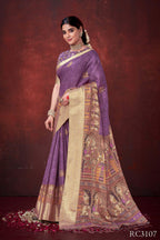 Purple Poly Habotai Silk Foil Print Saree with Unstitched Blouse - Kathari | Grocsy