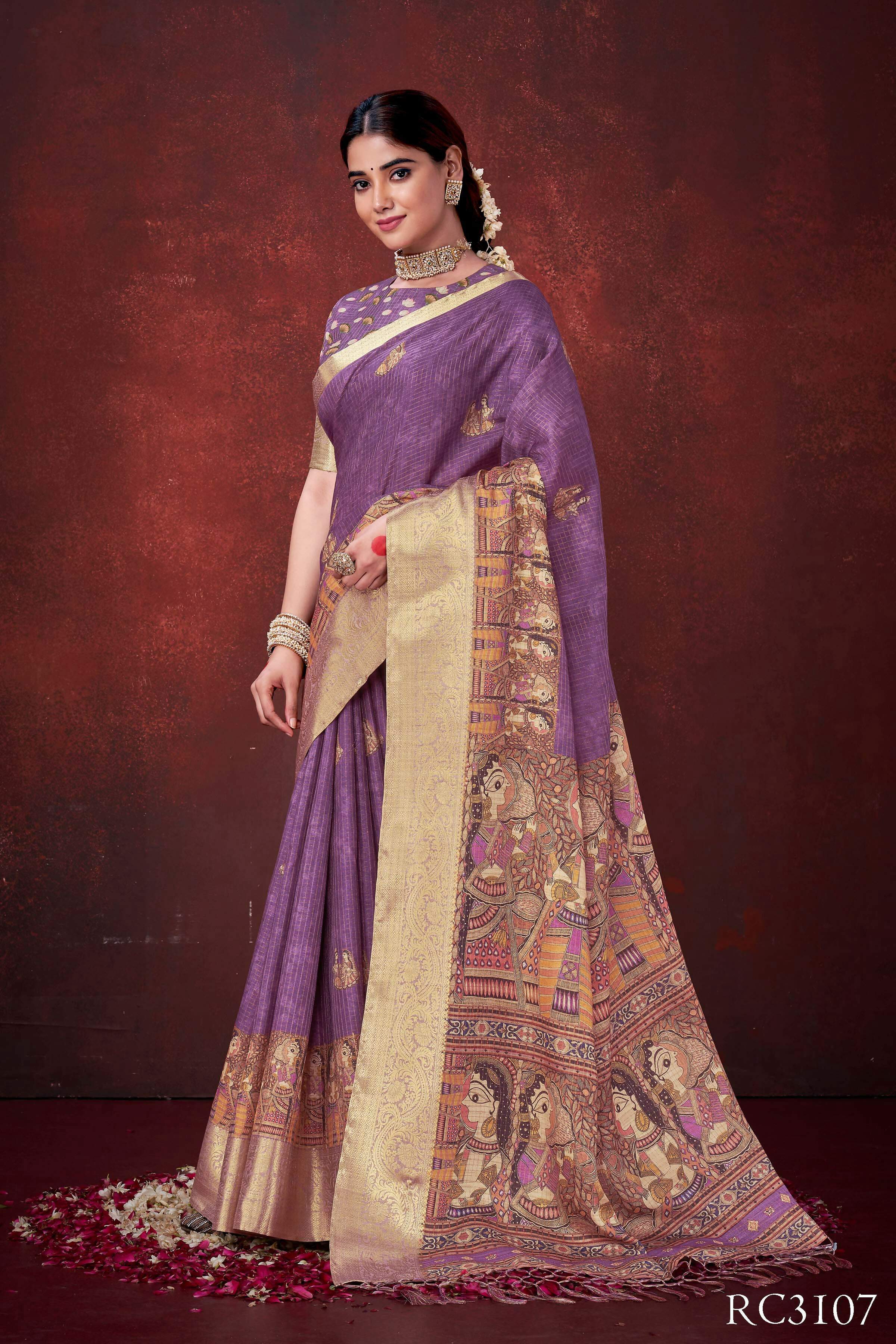 Purple Poly Habotai Silk Foil Print Saree with Unstitched Blouse - Kathari | Grocsy
