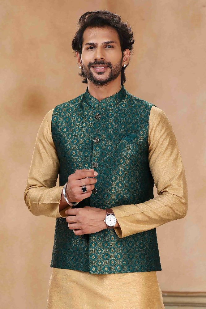 Raivat Ethnic Jacquard Banarasi Silk Woven Work 3 Pics Jacket Set In Green Colour | Grocsy