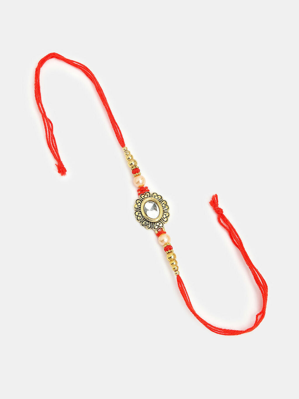 NVR Women & Men Set of 2 Gold & Red Kundan-Studded Bhaiya Bhabhi Rakhi With Roli Chawal & Chocolate | Grocsy