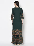 Aniyah Rayon Bottle Green Color Block Print Straight Kurta Palazzo Set (AN-217K) | Grocsy