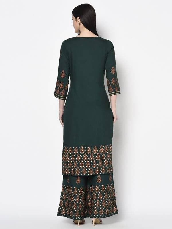 Aniyah Rayon Bottle Green Color Block Print Straight Kurta Palazzo Set (AN-217K) | Grocsy