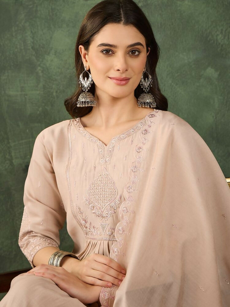 The52 Women's Beautiful Embroidery Work Silk Fabric Straight Kurta Palazzo and Dupatta Set | Grocsy
