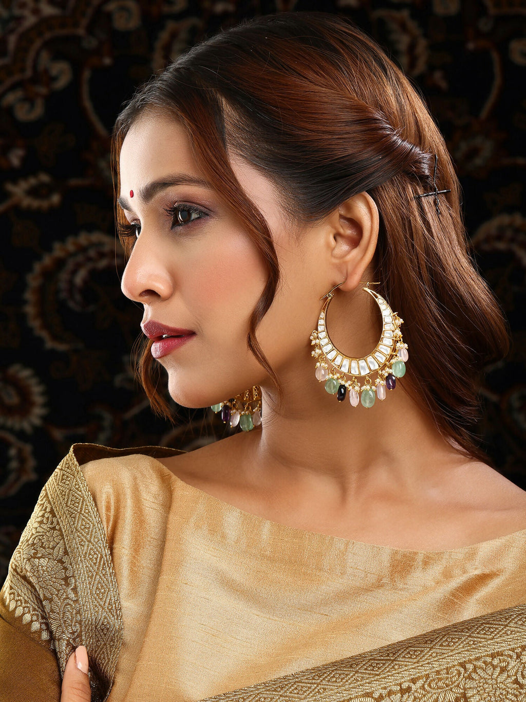 Ruby Raang Gold Polished Multi-Color Kundan Loops | Grocsy