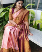DEIANA'S Beautiful Designer Golden zari Soft Lichi Silk Saree - Peach | Grocsy