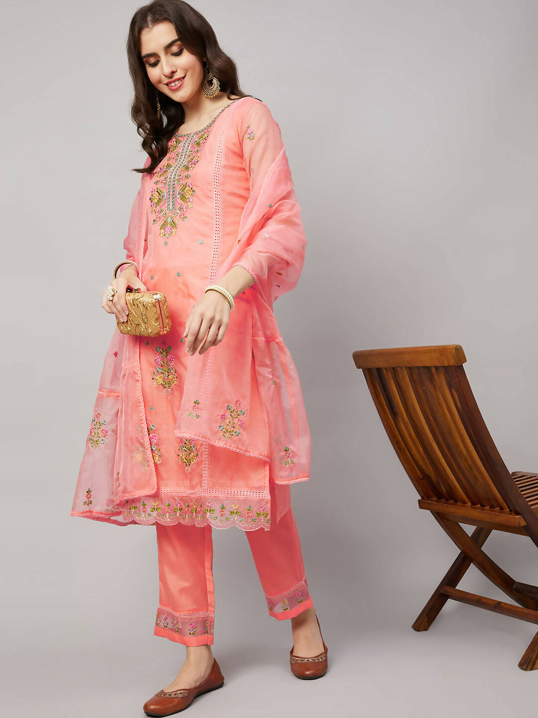 Peach Organza Embroidered Kurta with Bottom & Dupatta - Salimar | Grocsy