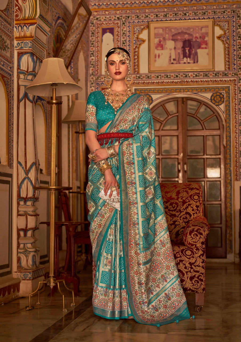 Rama Blue P V Silk Digital Print, Zari Work Printed Saree - Rewaa Parampara | Grocsy